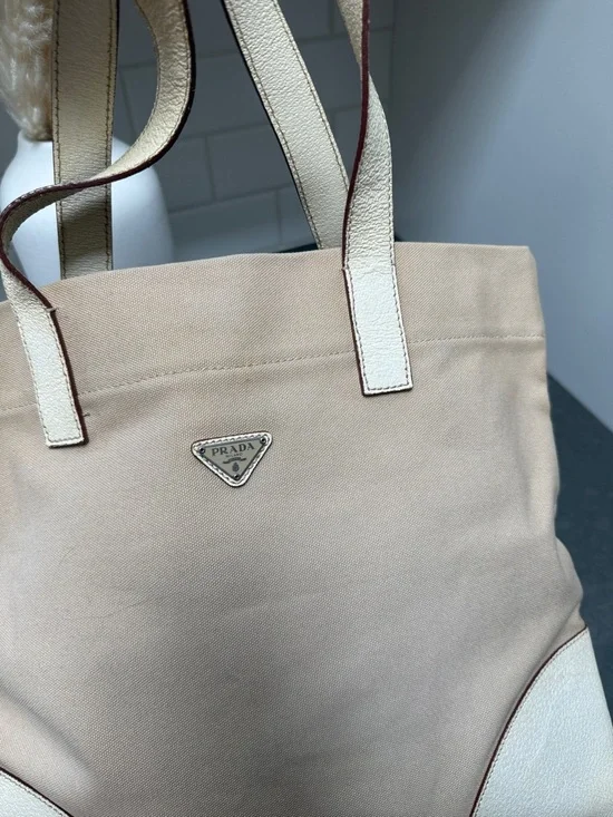 Prada Beige Canvas Shoulder Tote Bag Leather Corners and Handles - Picture 5 of 16
